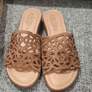 Bella Vita Brown Laser-Cut Slide Sandals